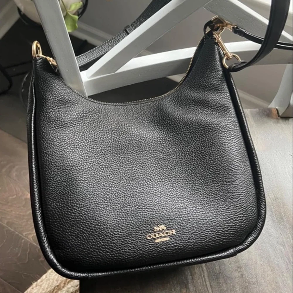 New Coach Black Jules Leather Hobo Bag with Gold Accents